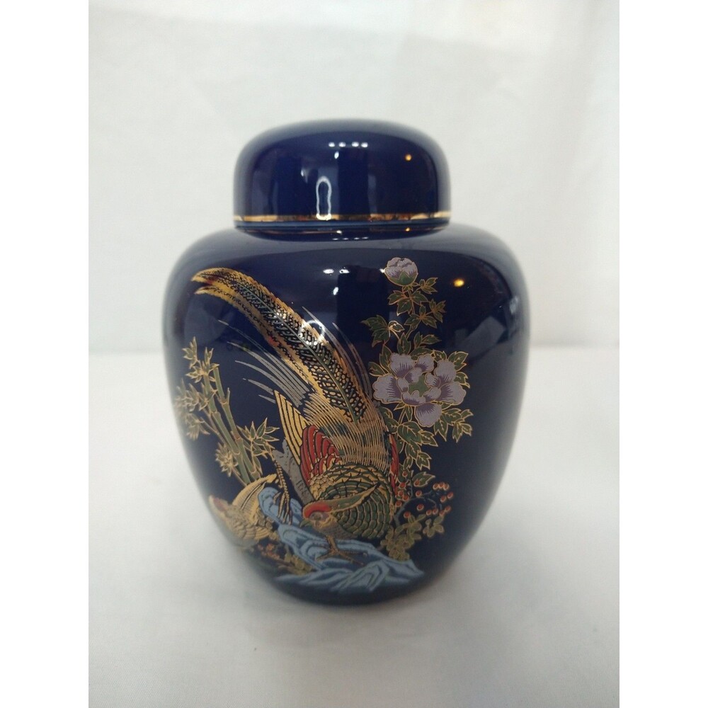 Small Vintage Cobalt Blue Ginger Jar Gold Details Pheasants Birds Flowers CHIP